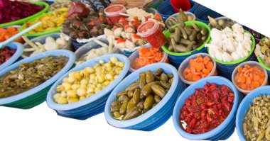 Preserved vegetables. Grocery conserve containers