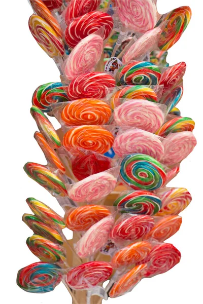 Kolorowy Lizak Spiralny Różnych Kolorach Okrągłych Cukierków Kolorowe Lizaki Wirujące — Zdjęcie stockowe