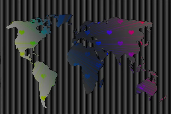 ハート型の世界地図デザイン 大陸と地球 ヨーロッパとアメリカ アジアとオーストラリアの地図 ウェブサイトのパターン 年次報告書 インフォグラフィックのための平らな地球地図テンプレート — ストック写真