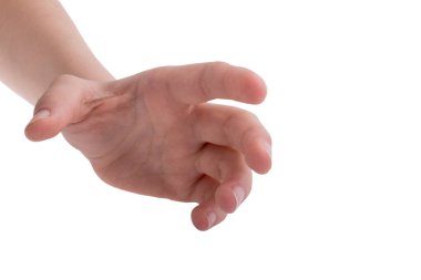 Beyaz arka planda el hareketlerini gösteren bir kadın.