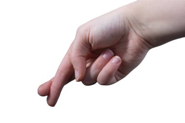 Beyaz arka planda el hareketlerini gösteren bir kadın.