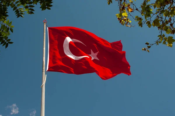 Turecka Flaga Narodowa Białą Gwiazdą Księżycem Biegunie Nieba — Zdjęcie stockowe