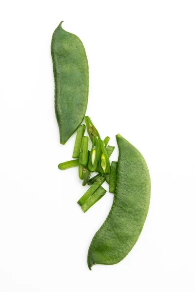 Groene Lima Bonen Hyacint Bonen Plakken Witte Achtergrond Bovenaanzicht — Stockfoto