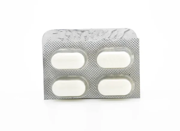 Hosszú Fehér Tabletták Csomagolási Lapok Fehér Háttér — Stock Fotó