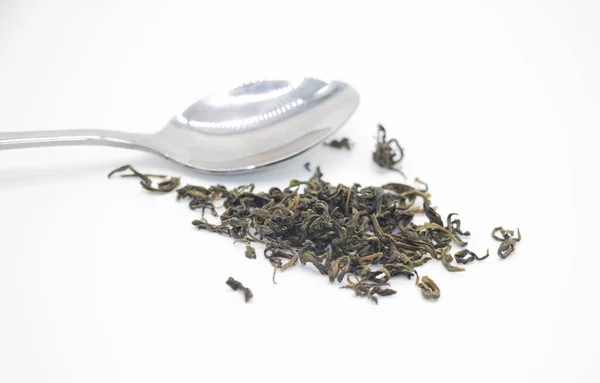 Επιλεκτική Εστίαση Πράσινο Τσάι Κοντά Απομονώσει Λευκό Φόντο — Φωτογραφία Αρχείου