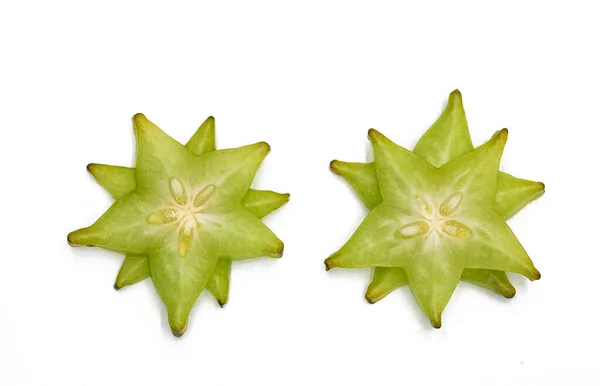 Rodajas Carambola Fresca Fruta Estrella Sobre Fondo Blanco Vista Superior —  Fotos de Stock