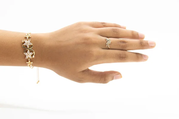 Diamanten Sieraden Armband Hand Geïsoleerd Witte Achtergrond — Stockfoto