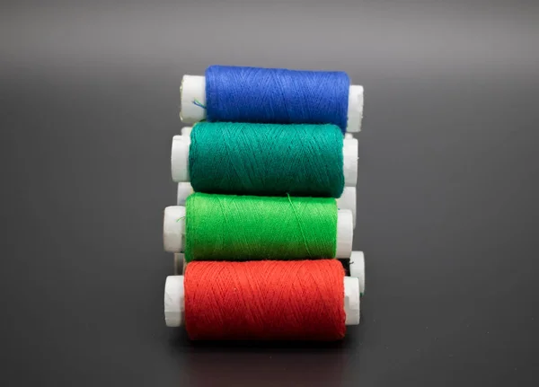 Group Whole Haberdashery Item Colorful Thread Spools Isolated Black Background — Stock Photo, Image