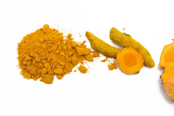 Curcuma Fresca Curcuma Polvere Piatta Fondo Bianco — Foto Stock