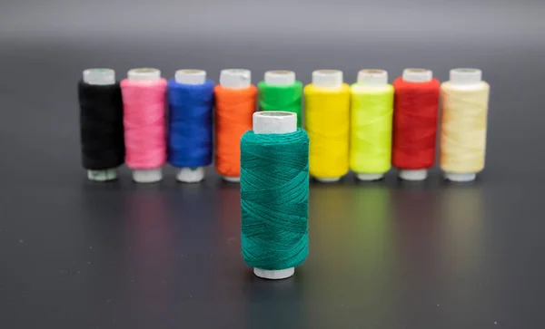 Selective Focus Darkcyan Spool Colorful Yarn Spool Yarn Tube Cotton — Stock Photo, Image