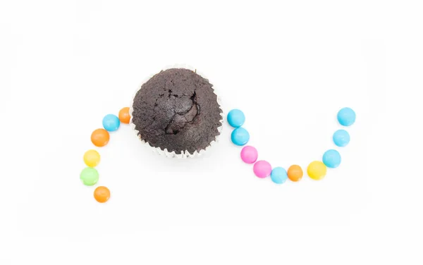 Projeto Bolo Muffin Chocolate Por Polvilhar Isolado Fundo Branco — Fotografia de Stock