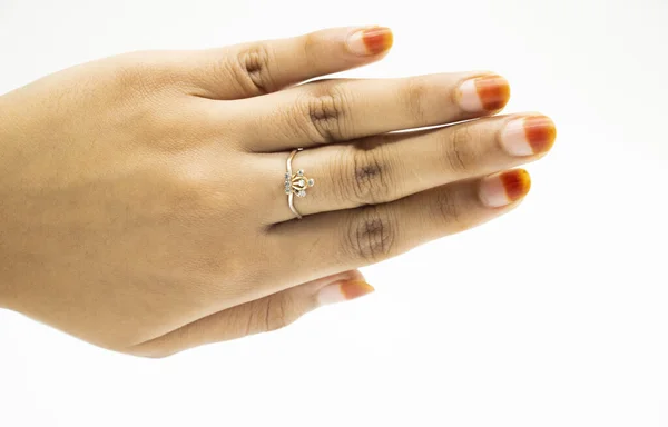 Close up of elegant diamond ring on white background. Diamond ring.