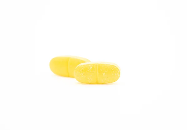 Sárga Tabletták Izolálni Fehér Háttér Szelektív Fókusz Oldalnézet — Stock Fotó