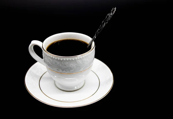 Taza Porcelana Con Cuchara Aislada Sobre Fondo Negro Camino Recorte — Foto de Stock