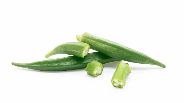 Okra Dame Vinger Bhindi Plakjes Isoleren Witte Achtergrond — Stockfoto