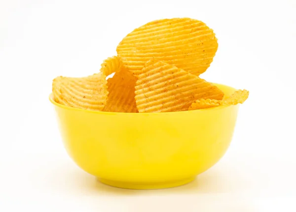 Bowl Tasty Ridged Potato Chips White Background — Stock Photo, Image