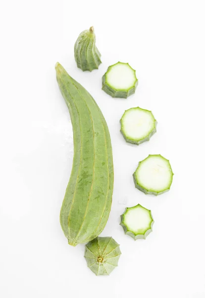 Fresh Angled Loofah Ribbed Gourd Fruits Sliced Isolated White Background — 스톡 사진