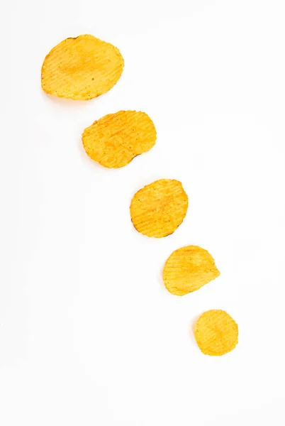 Kartoffelchips Auf Weißem Hintergrund Draufsicht Selektiver Fokus — Stockfoto