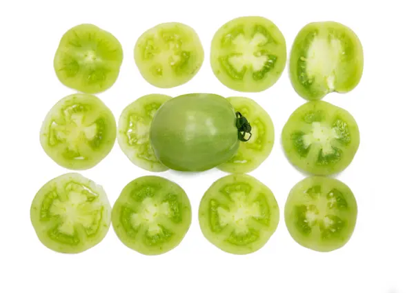 Green Tomatoes Slice Isolated White Background — Fotografia de Stock