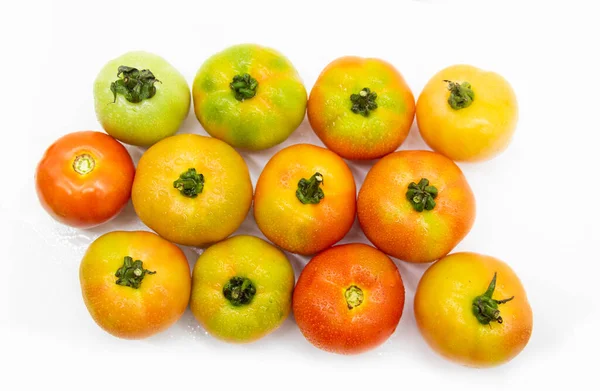 Group Different Types Tomatoes White Background Top View Ripe Tomato — Fotografia de Stock