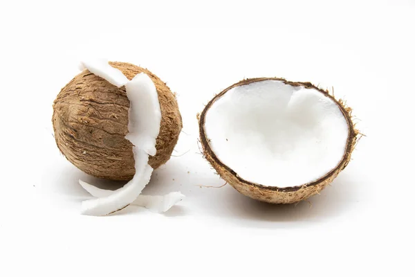 Whole Coconut Pieces Coconut White Background — Stockfoto