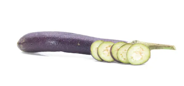 Fresh Long Eggplant Whole Slices Isolated White Background — Stok fotoğraf