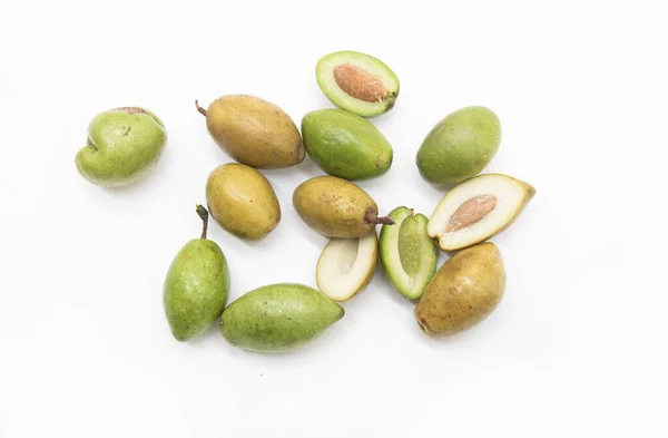 Green Raw Boil Olive Fruit Isolated White Background Top View — Stok Foto
