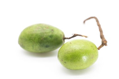 Beyaz arkaplanda yeşil zeytin.