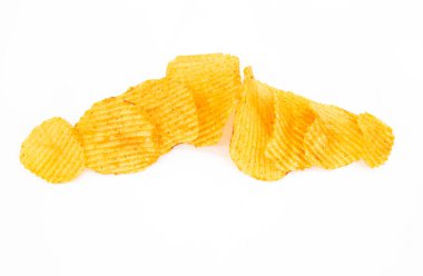 potato crisps on white background, top view