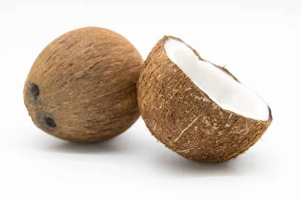 Fresh Whole Half Coconut Slices Isolated White Background — 스톡 사진