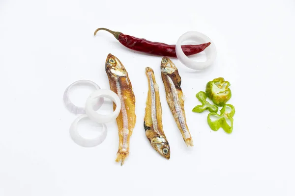 Dried Small Fish Chili Onion White Background Selective Focus — Stok fotoğraf