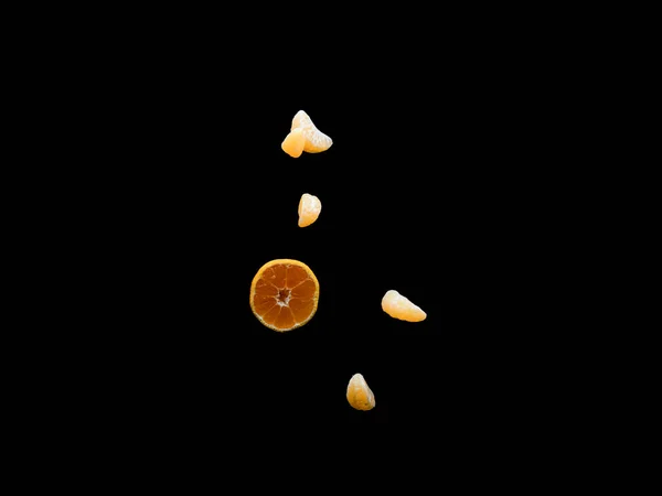 Tangerine Mandarin Fruit Falling Black Background Selective Focus — Stock Photo, Image