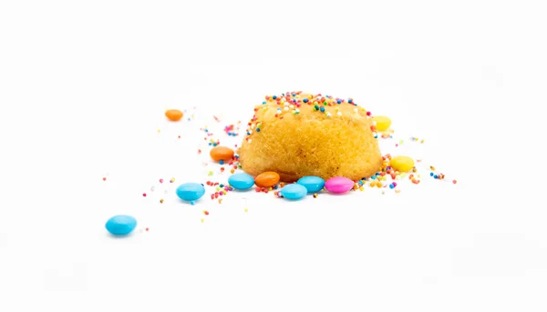 Slice Yellow Muffin Cupcake Design Colourful Sprinkle Isolated White Background — Photo