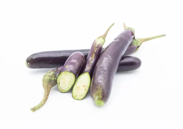 Fresh Long Eggplant Whole Slices Isolated White Background — 图库照片