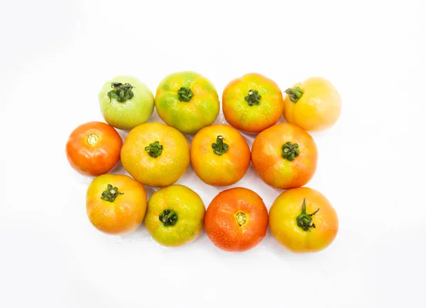 Group Different Types Tomatoes White Background Top View — Fotografia de Stock