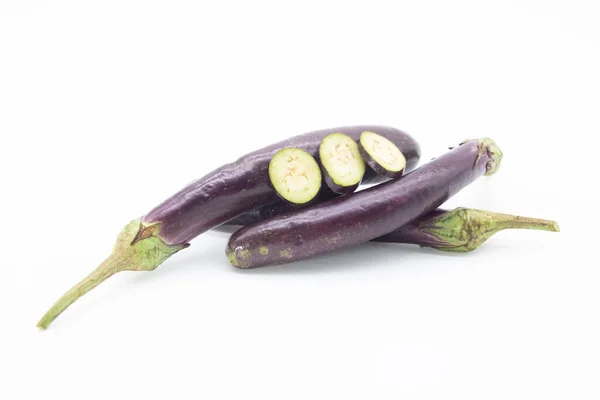Long Eggplant Whole Slices Isolated White Background — Stok fotoğraf