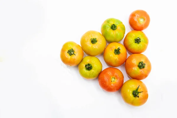 Group Different Types Tomatoes White Background Top View — Fotografia de Stock