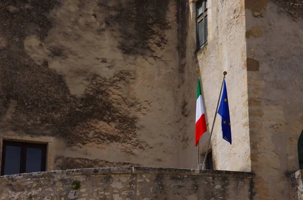 Flags Italy Europe Waving Porch Pandone Castle Venafro Molise Italy — Stock Photo, Image