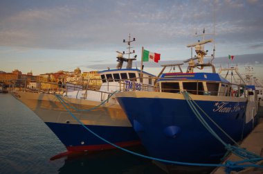 Termoli - Molise - Limanda demirlemiş balıkçı tekneleri, arka planda antik köy.