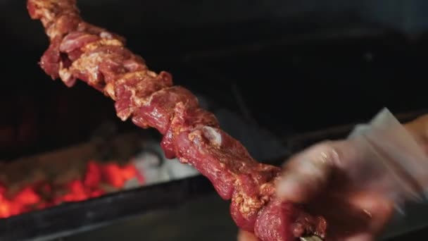 Приправлене м'ясо на шампурі готується для барбекю — стокове відео