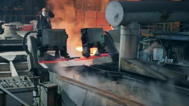 산업 기제들 이 구리 판을 뜨거운 액체 속으로 스며들게하고 있다 — 비디오