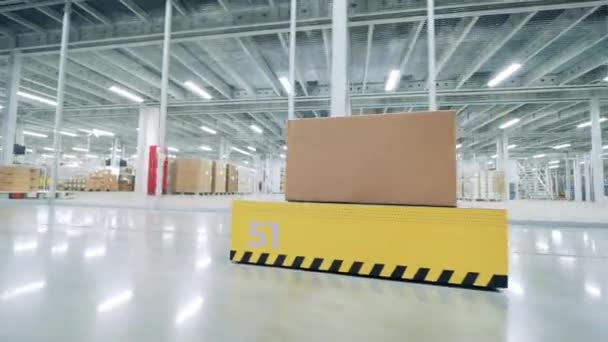 Le robot de l'entrepôt roule vite avec une boîte dessus — Video