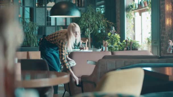 Camarera rubia está felizmente limpiando muebles de restaurante — Vídeo de stock
