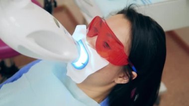 Bir kadın diş beyazlatılırken ağız boşluğunu ışıklandırıyor.