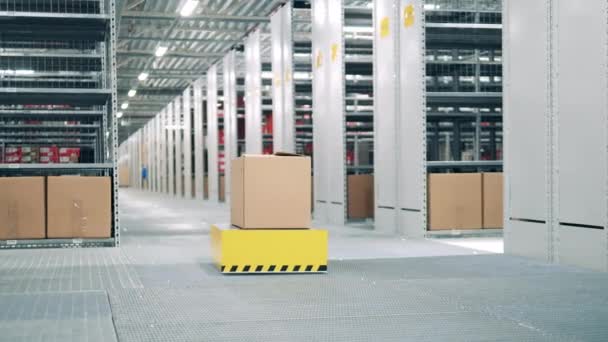 Veículo automatizado está transportando um pacote através do armazenamento — Vídeo de Stock