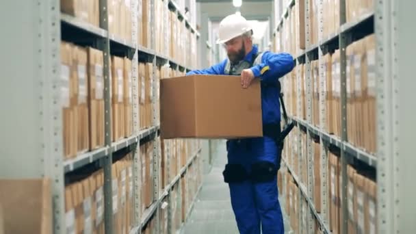 Zaměstnanec skladu v Ergoskeletonu přesouvá balíček — Stock video