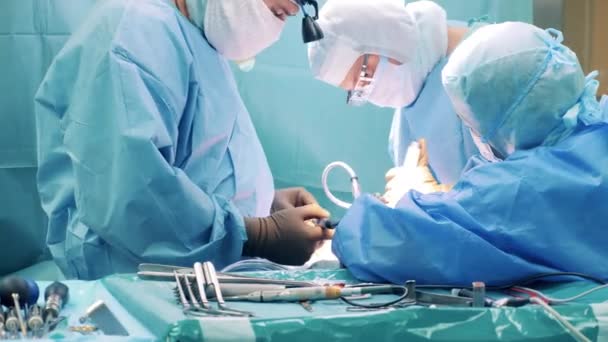Группа врачей использует медицинские инструменты во время операции — стоковое видео