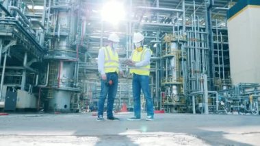 Petrol mühendisleri rafineri fabrikasının ortasında konuşuyorlar.