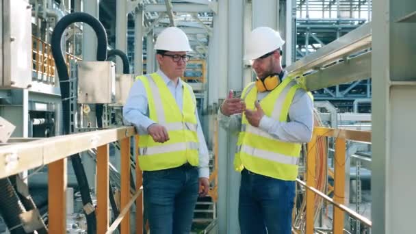 Petroleum experts in safety wear are talking to each other — Stock Video