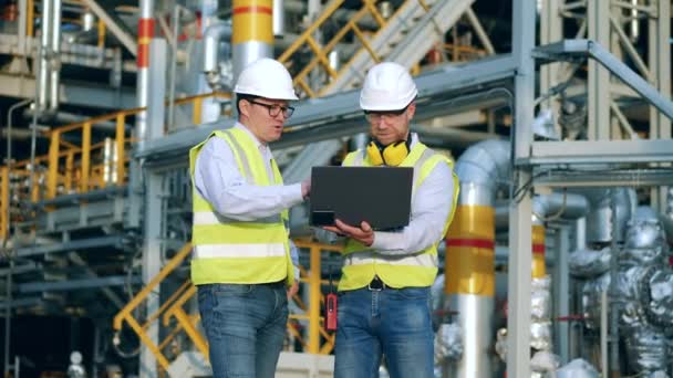 Work partners are having a discussion at the refinery plant — Stock Video